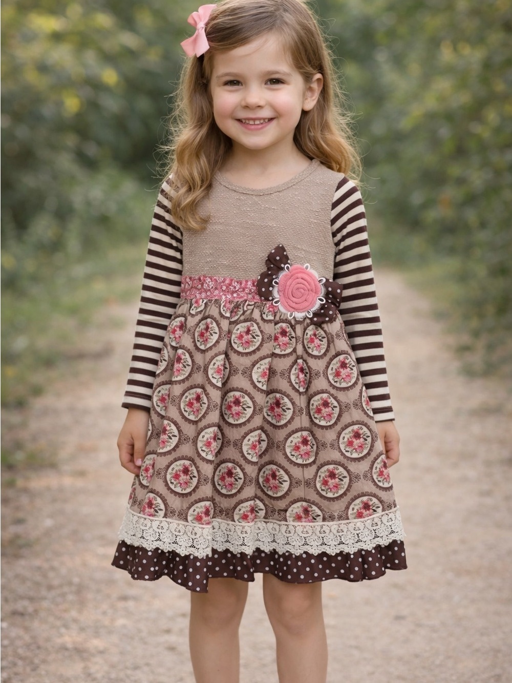 Counting Daisies Girls Whimsical Dress Brown Flowers Lace Long Sleeves Sz 6 Pink